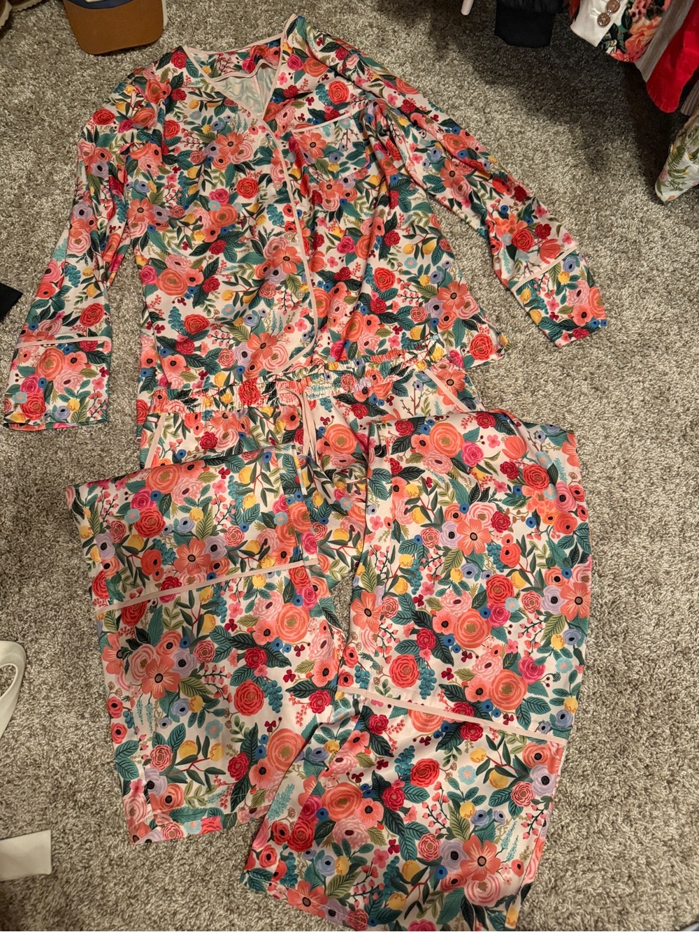 Rifle Paper Co. Coral & Multicolor Floral Satin Pajama Set